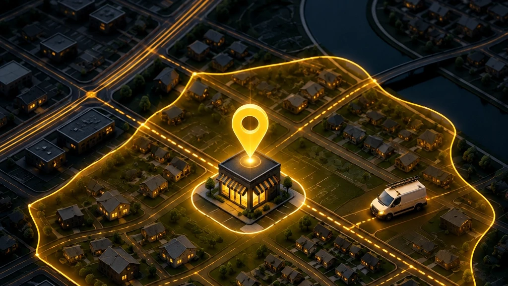 Conceptual illustration of a service business base, storefront and service vehicle icons, and a realistic amber service-area boundary on a dark isometric map