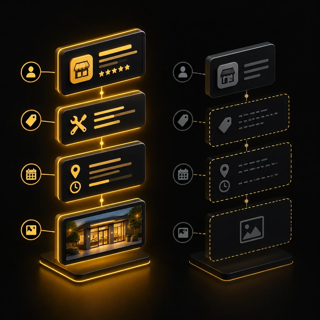 Business profile details arranged as connected layers for identity, services, hours, and photos
