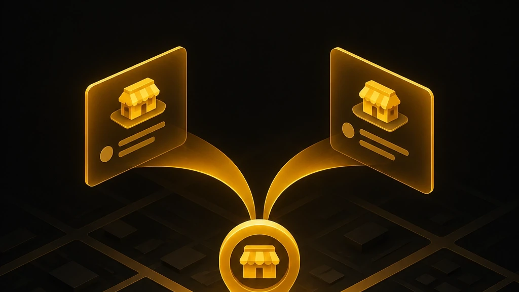 Conceptual illustration of duplicate business profile cards coming together as one accurate location marker on a dark, amber-lit map grid