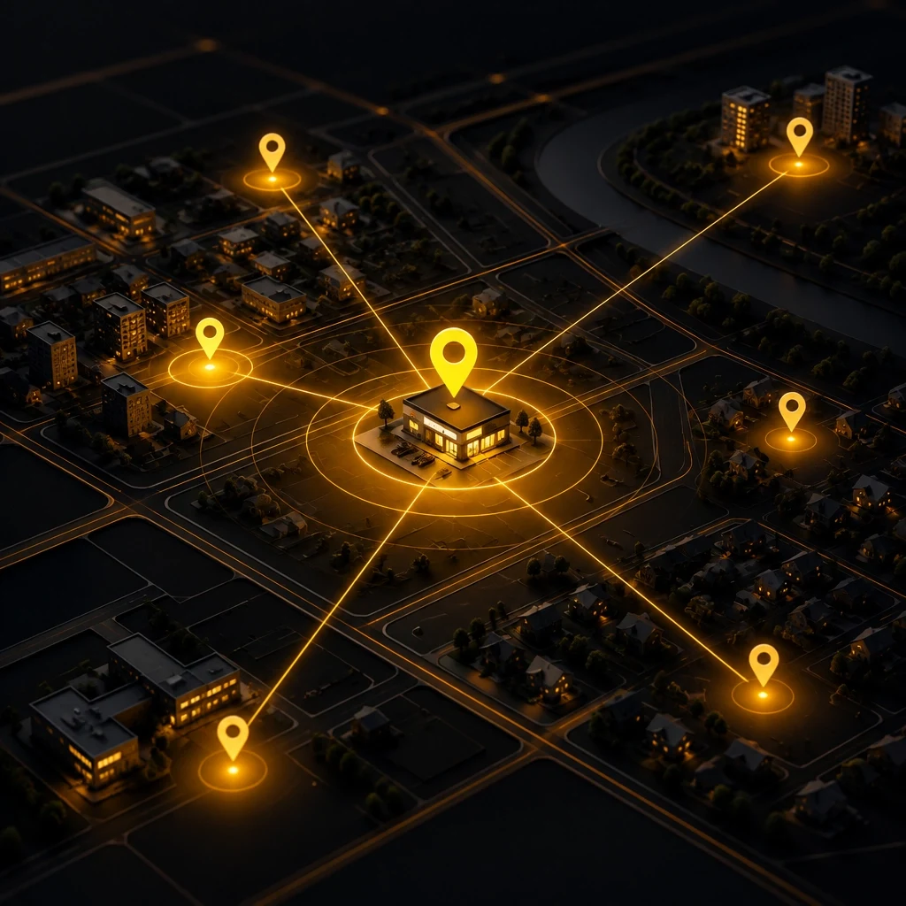 A central business location and nearby search points across an abstract service area